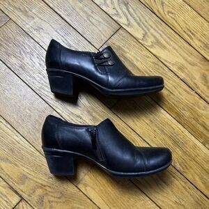 Clarks Collection Black Leather Ankle Booties Block Heel Button Zip Shoes 7 M